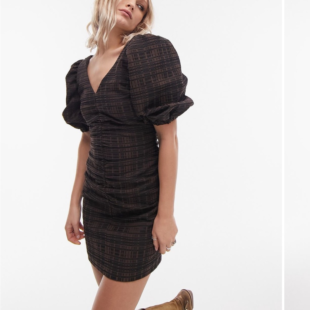Topshop body con brown and black dress with puff sleeves